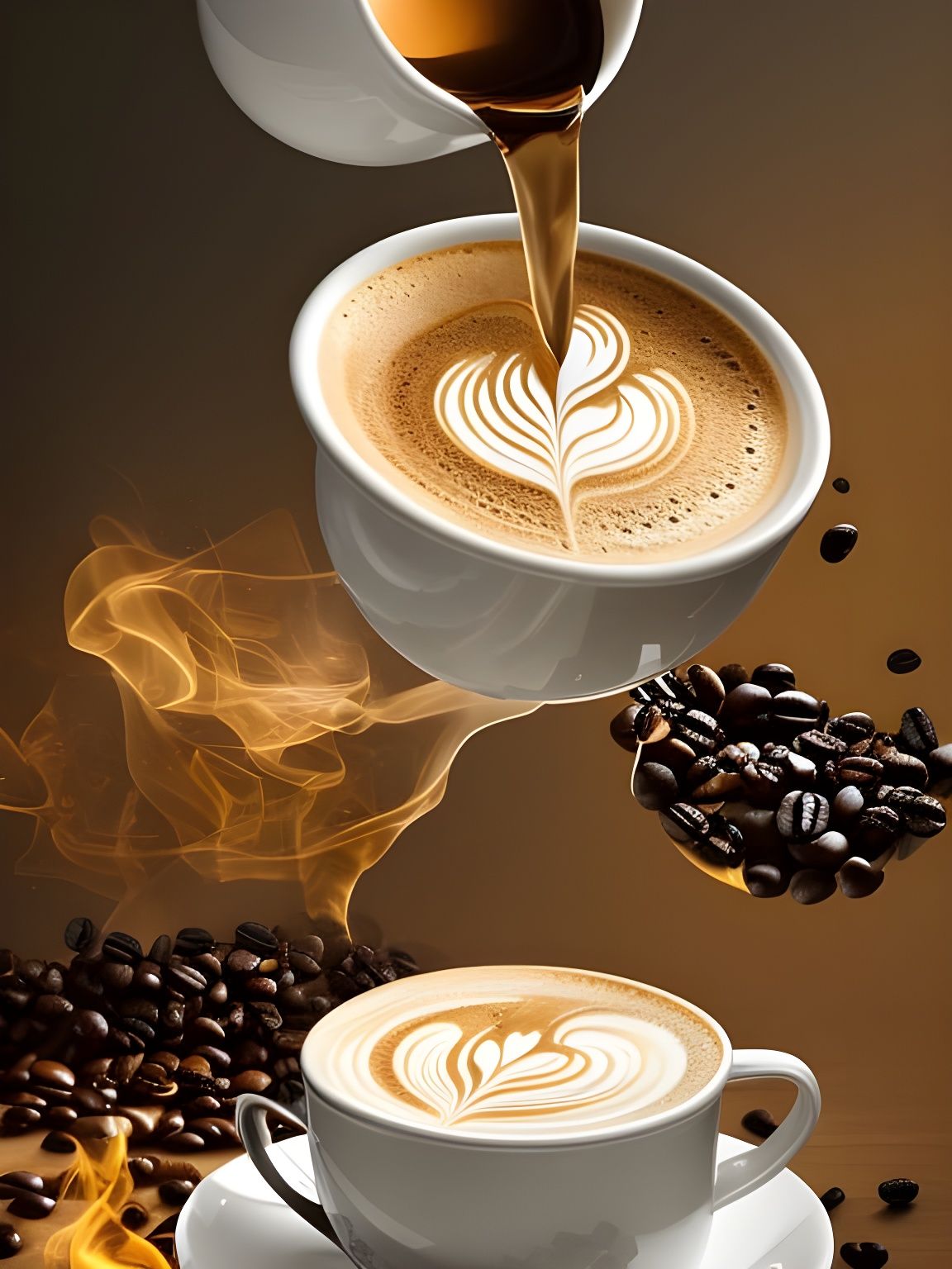 Cascading Coffee Cups in Hyperrealistic Style