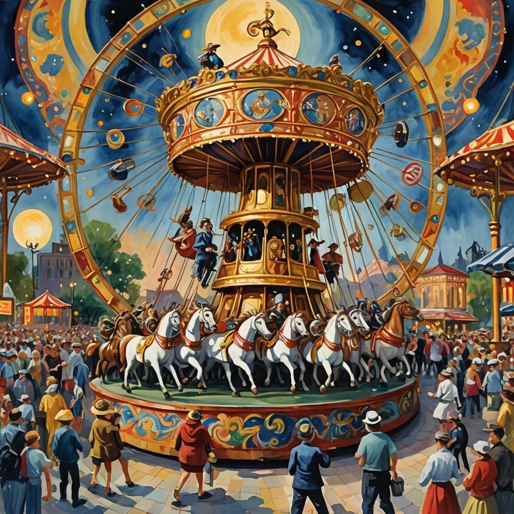 Fairground Carousel at Night in Gouache Style