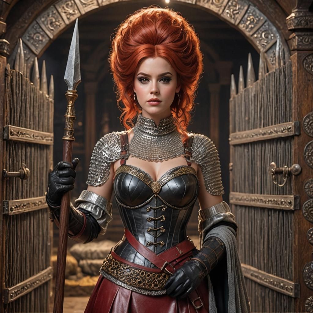 24 year old female dressed in sleeveless chainmail dress, thick leather corset, lustrous 1970’s beehive red hair, black ...