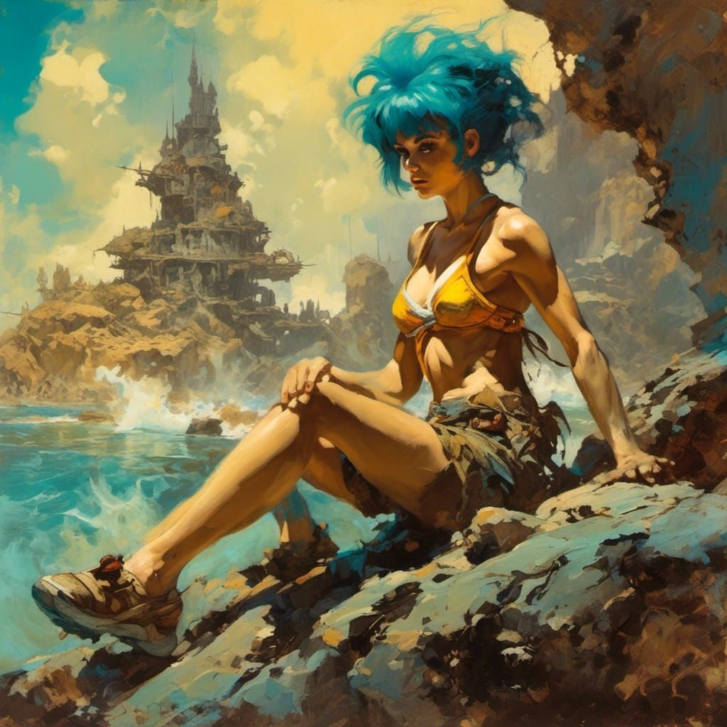 Frazetta Style Bikini Girl with Abstract Colors
