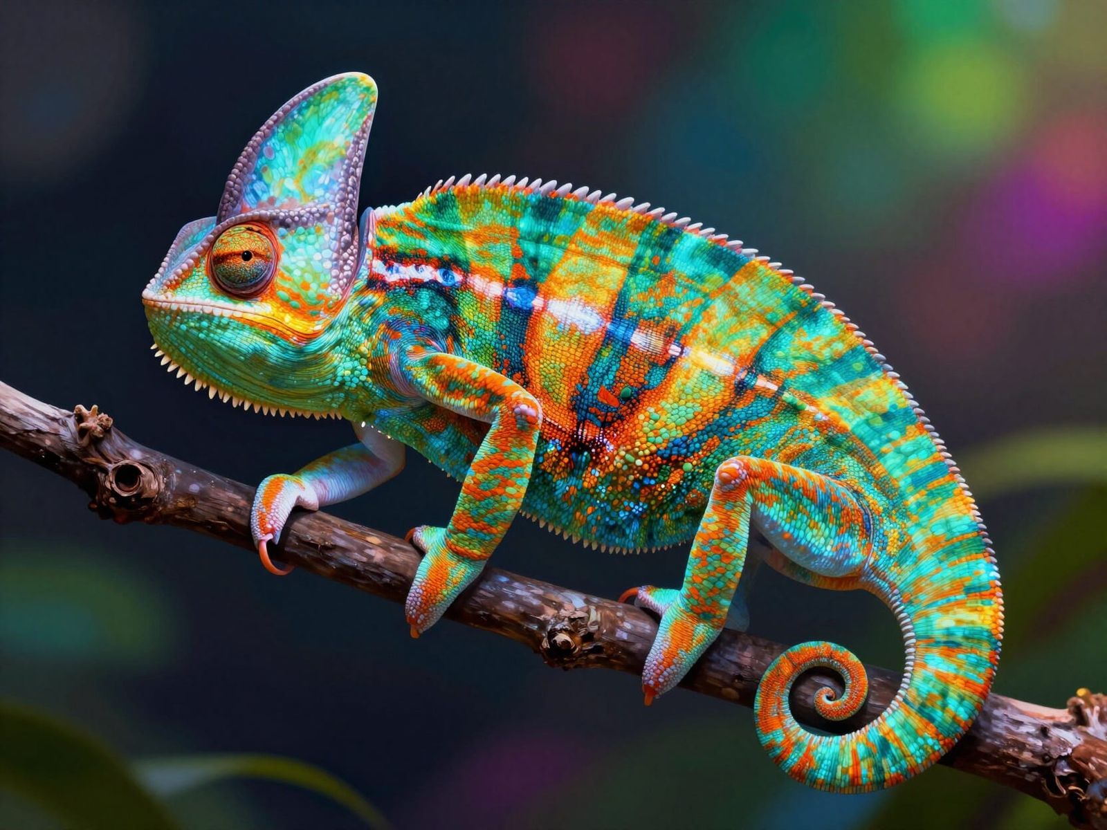 Chameleon With Shifting Colors On Glowing Branch