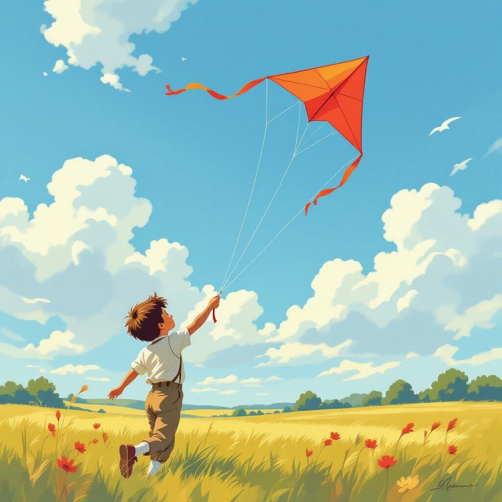 Boy Flying Red Kite in Sunny Meadow