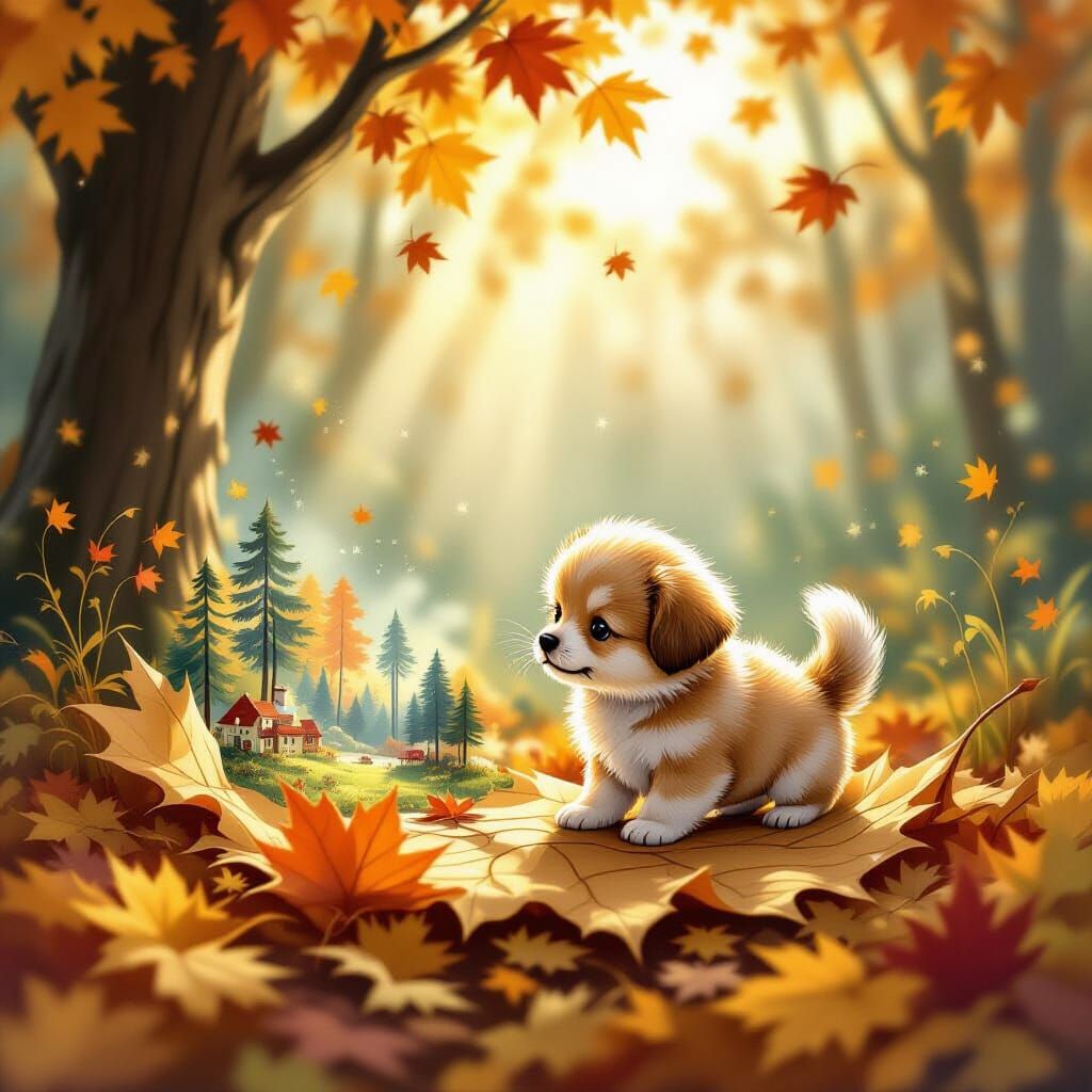 Fluffy Puppy Discovers Enchanted Forest in Autumn Leaf