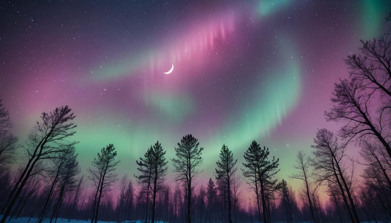 Aurora and Crescent Moon Over Silhouetted Trees