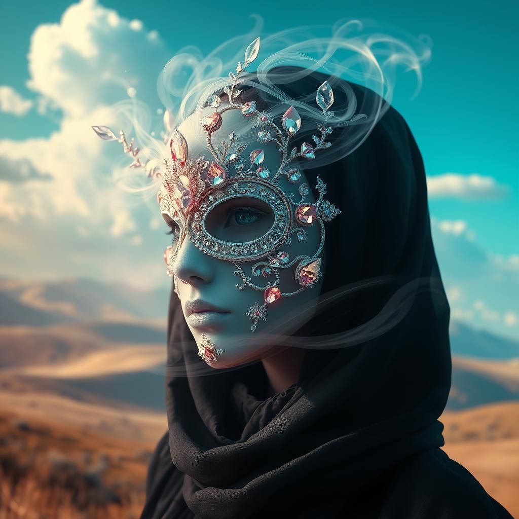 Crystal Masked Woman in Surreal Landscape