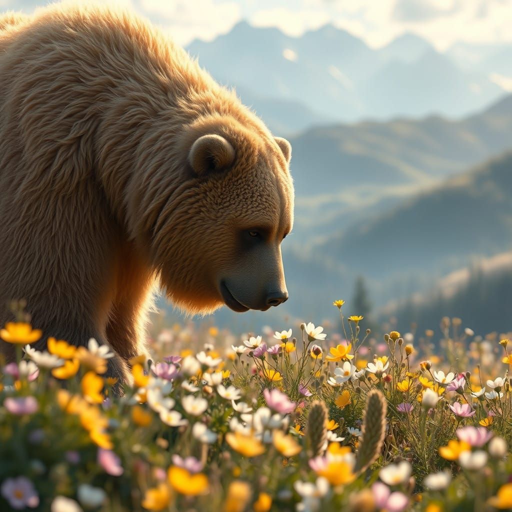 Idyllic Fantasy Landscape with Fluffy Golden Brown Grizzly B...