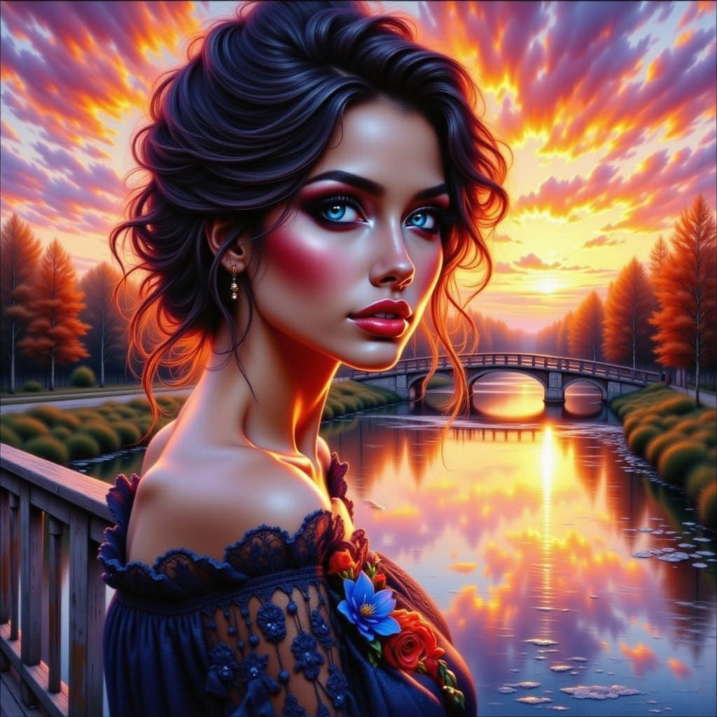 Beautiful Woman By River at Sunset, Oil Painting Style