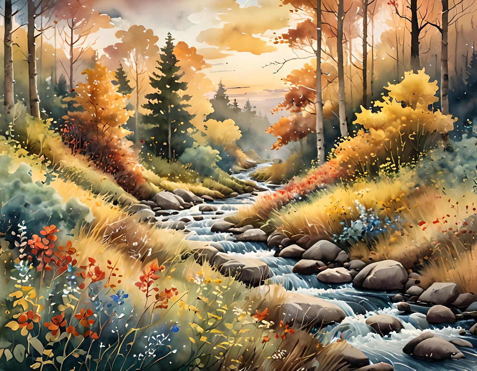 Watercolor Autumn Landscape with Stream at Golden Hour