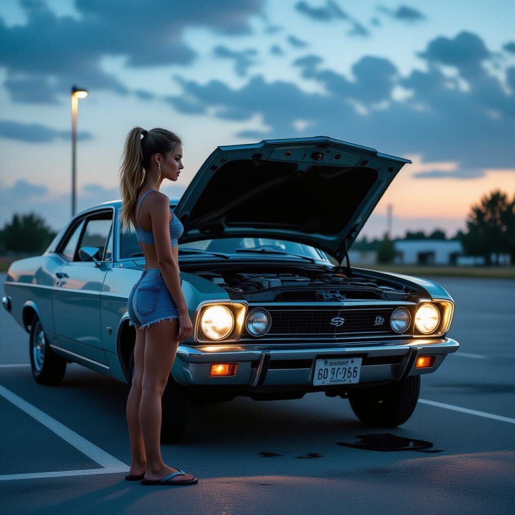 Woman with Stalled Car in Empty Parking Lot