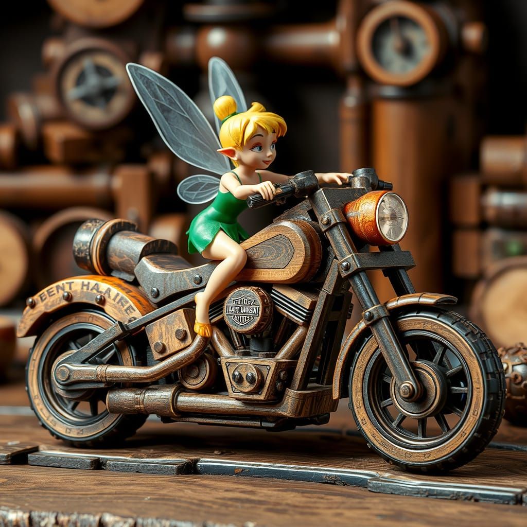Steampunk Wooden Harley Davidson with Tinkerbell