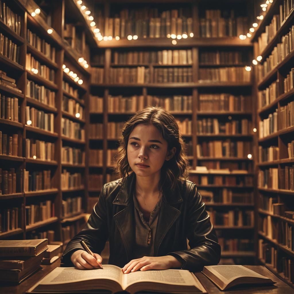 Girl Imagines Book Characters in Cozy Library