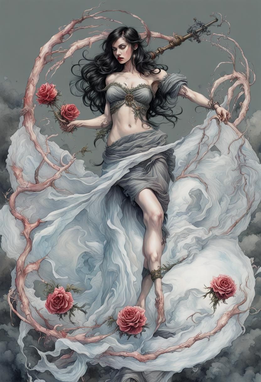 Gothic Pinup with Rose Whip in Art Nouveau Style