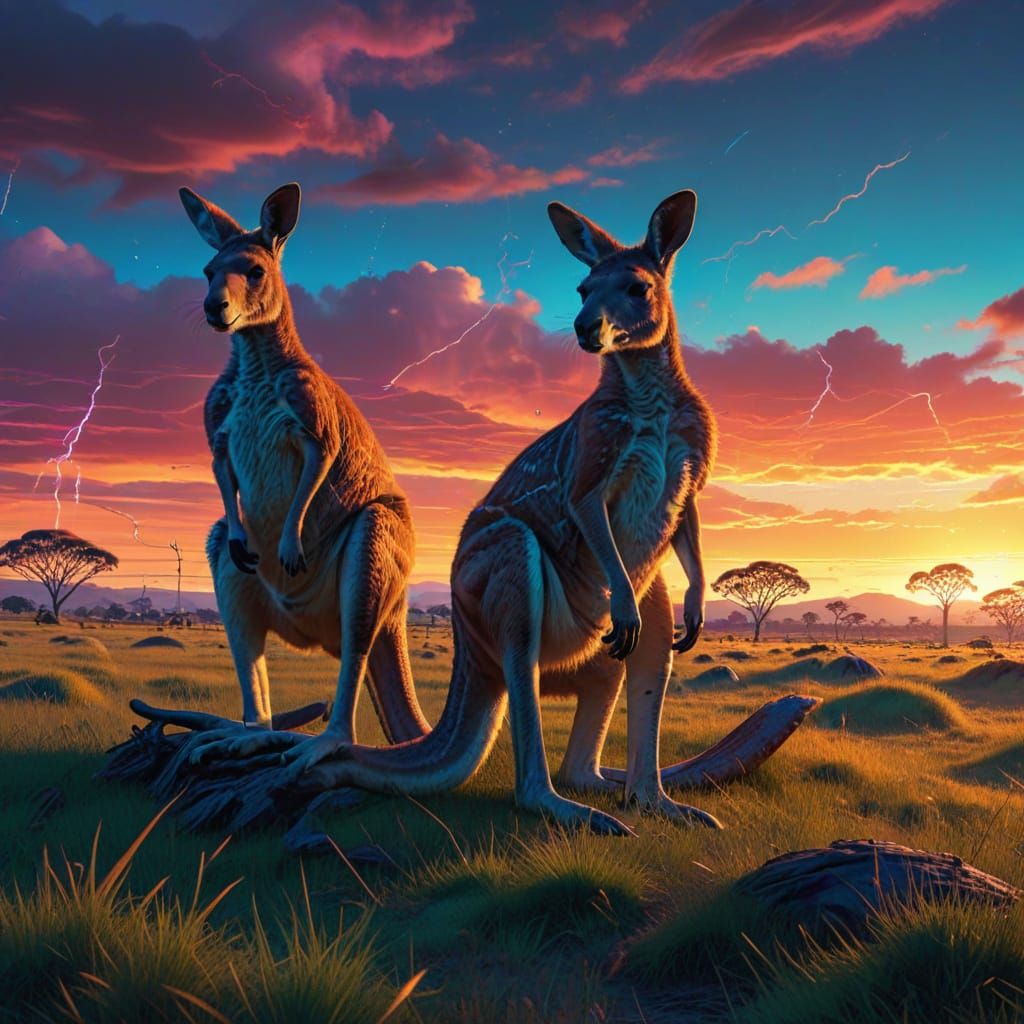 Cyberpunk Kangaroos in Neon Australian Grasslands