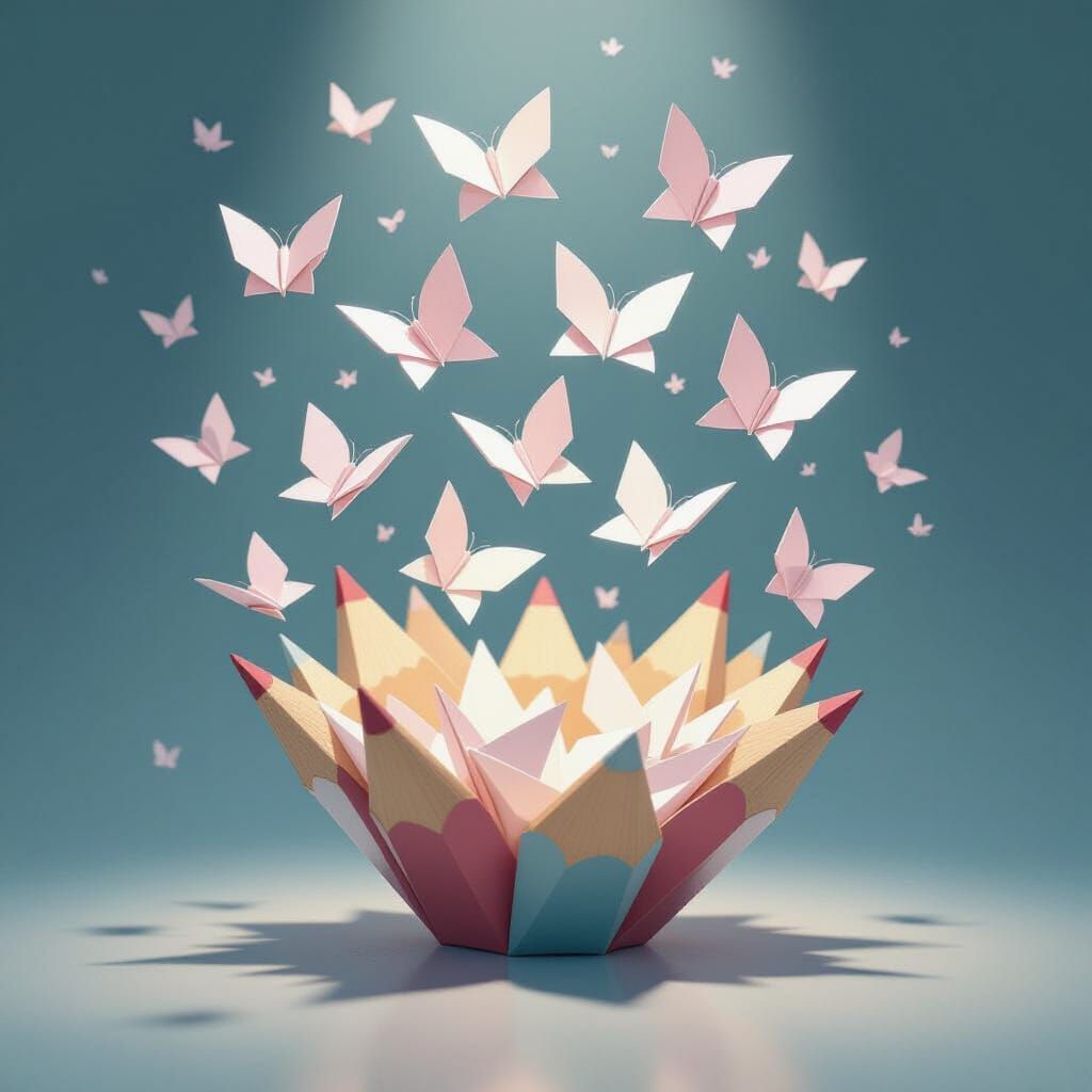 Origami Butterflies Emerge From Giant Pencil in Anime Style