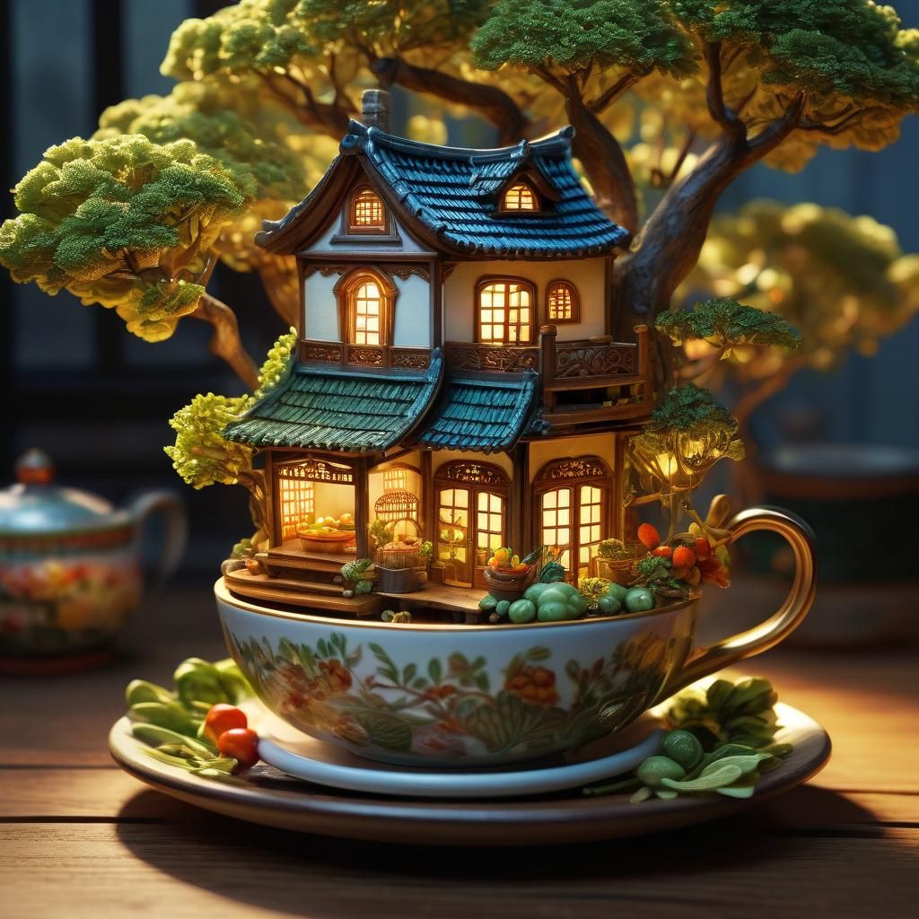Fairy House in Tea Cup: Hyper-Realistic Digital Art