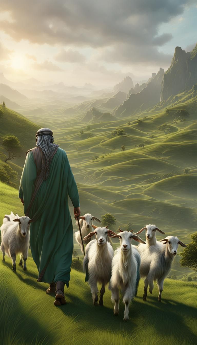 Arab Man Herding Goats in Green Highlands