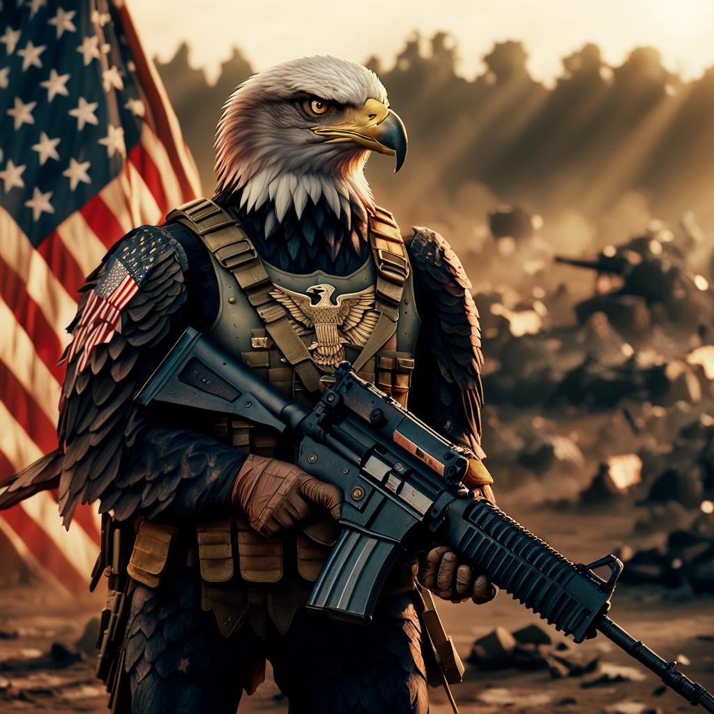 Armored Eagle on Battlefield with American Flag
