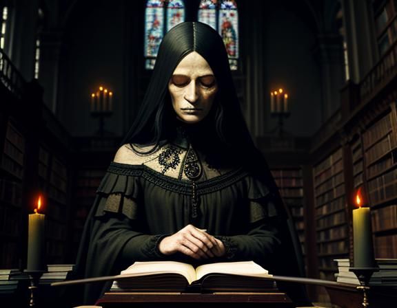 Gothic Woman Reading in Library Oil Painting