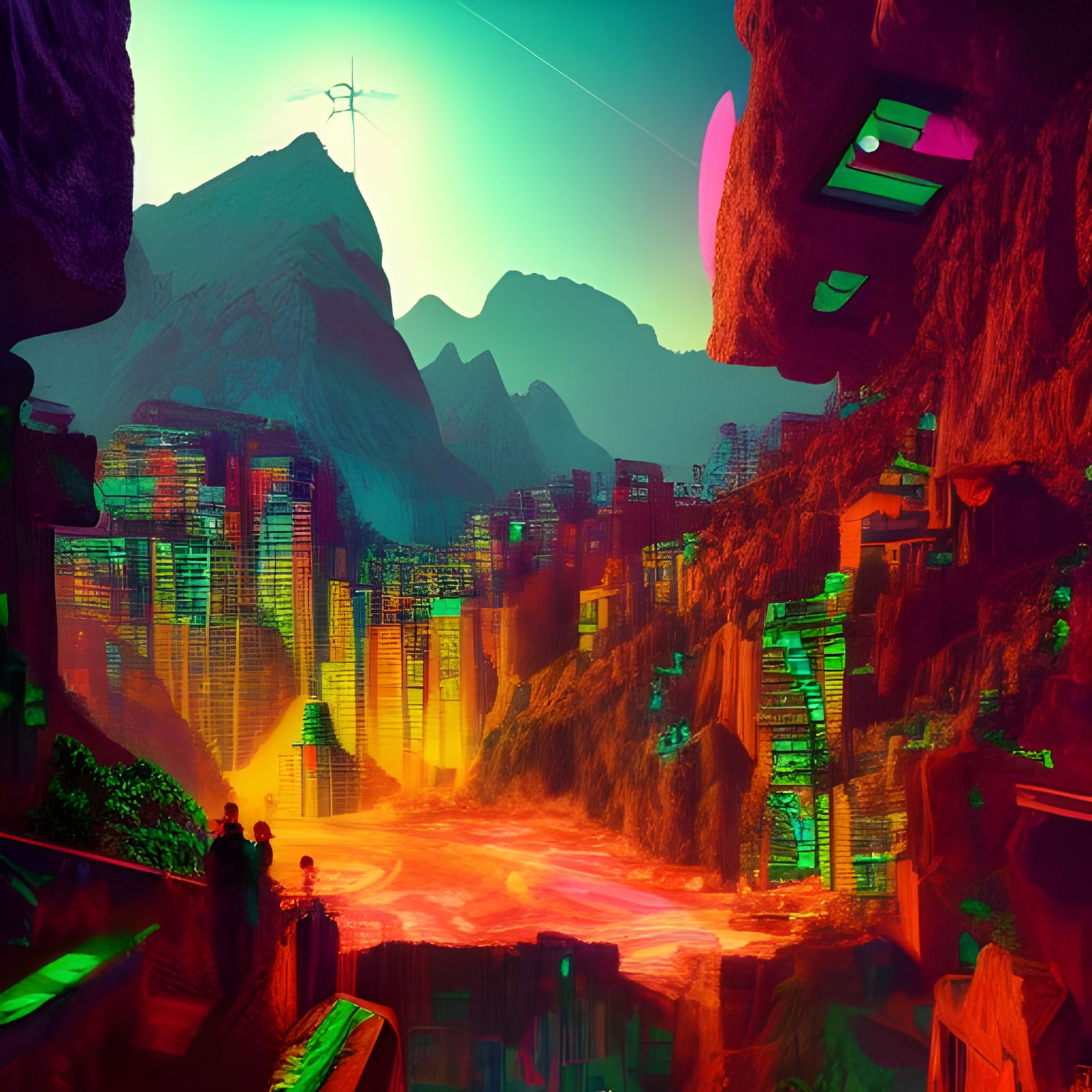 Cyberpunk Village: Holographic Astral Cosmic Illustration