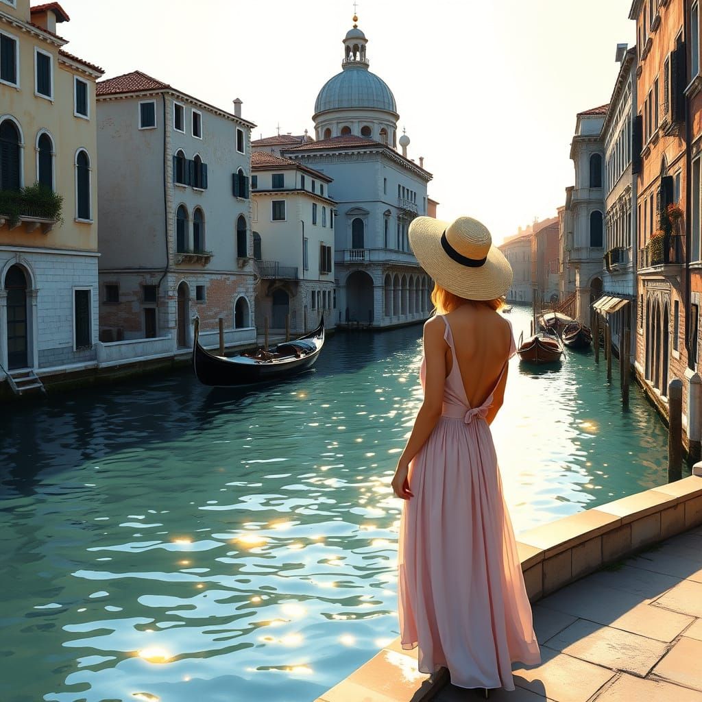 Serene Woman Gazing at Venice Canal in Traditional European ...