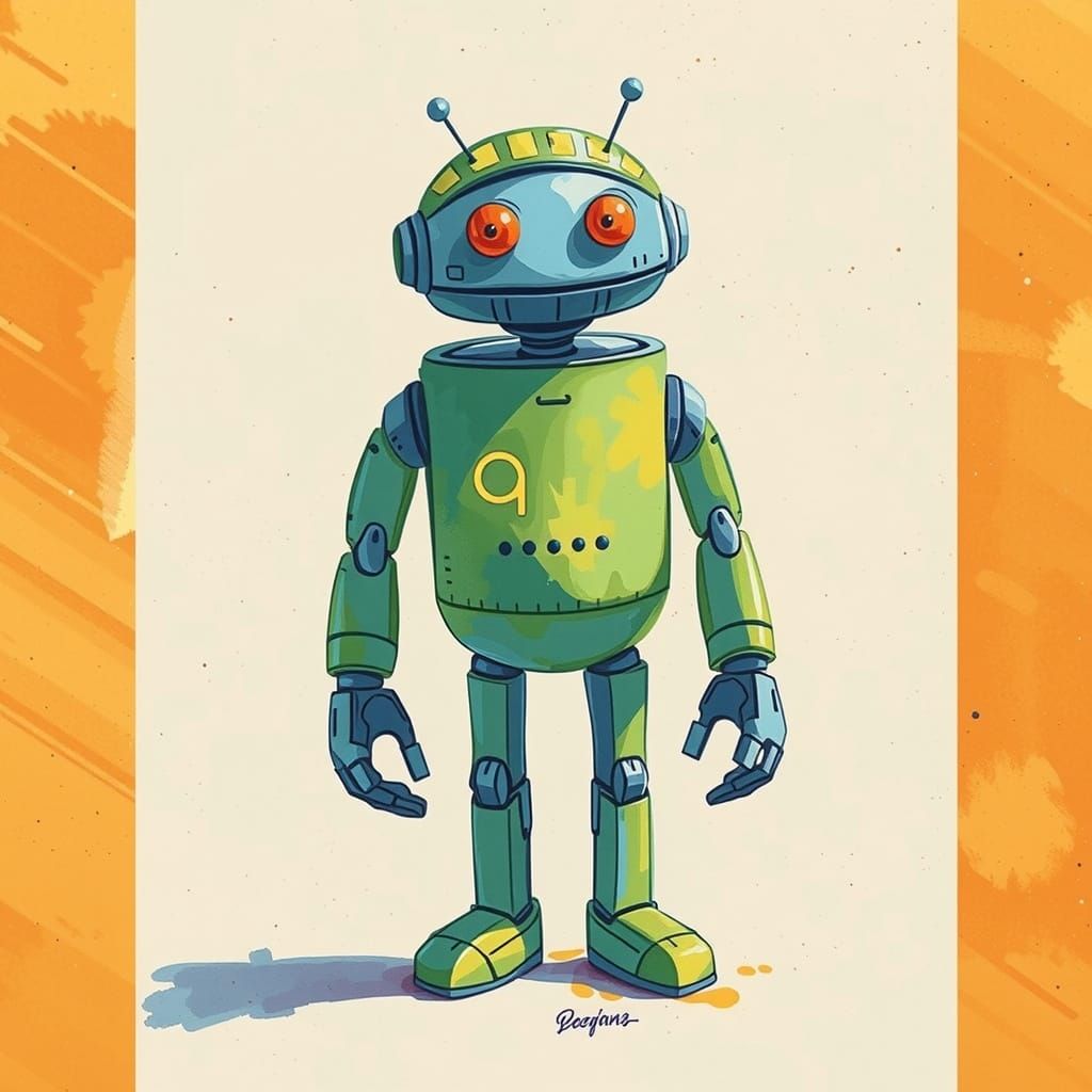 Small 3-Eyed Android on Spaceship in Pastel Tones