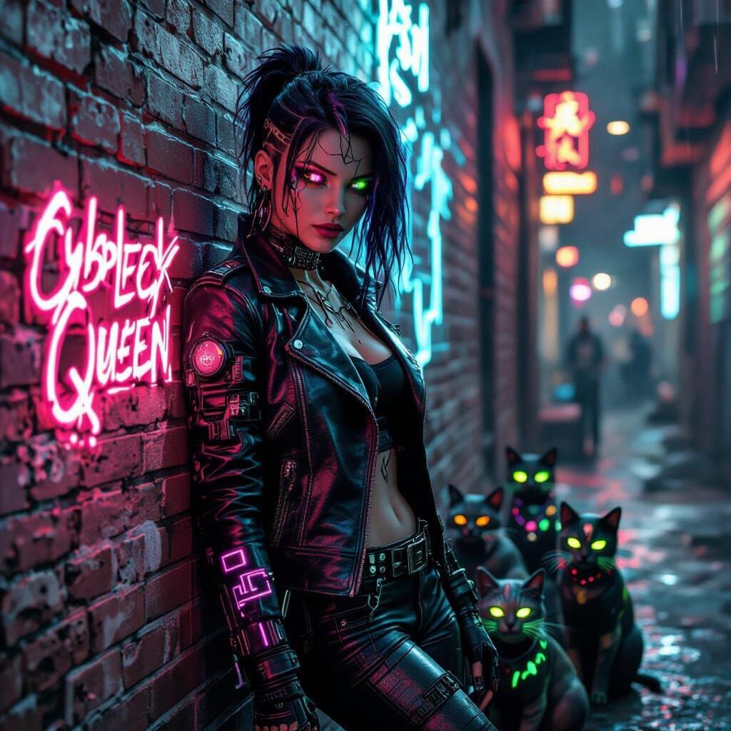Cyberpunk Alley Queen with Cybernetic Cats