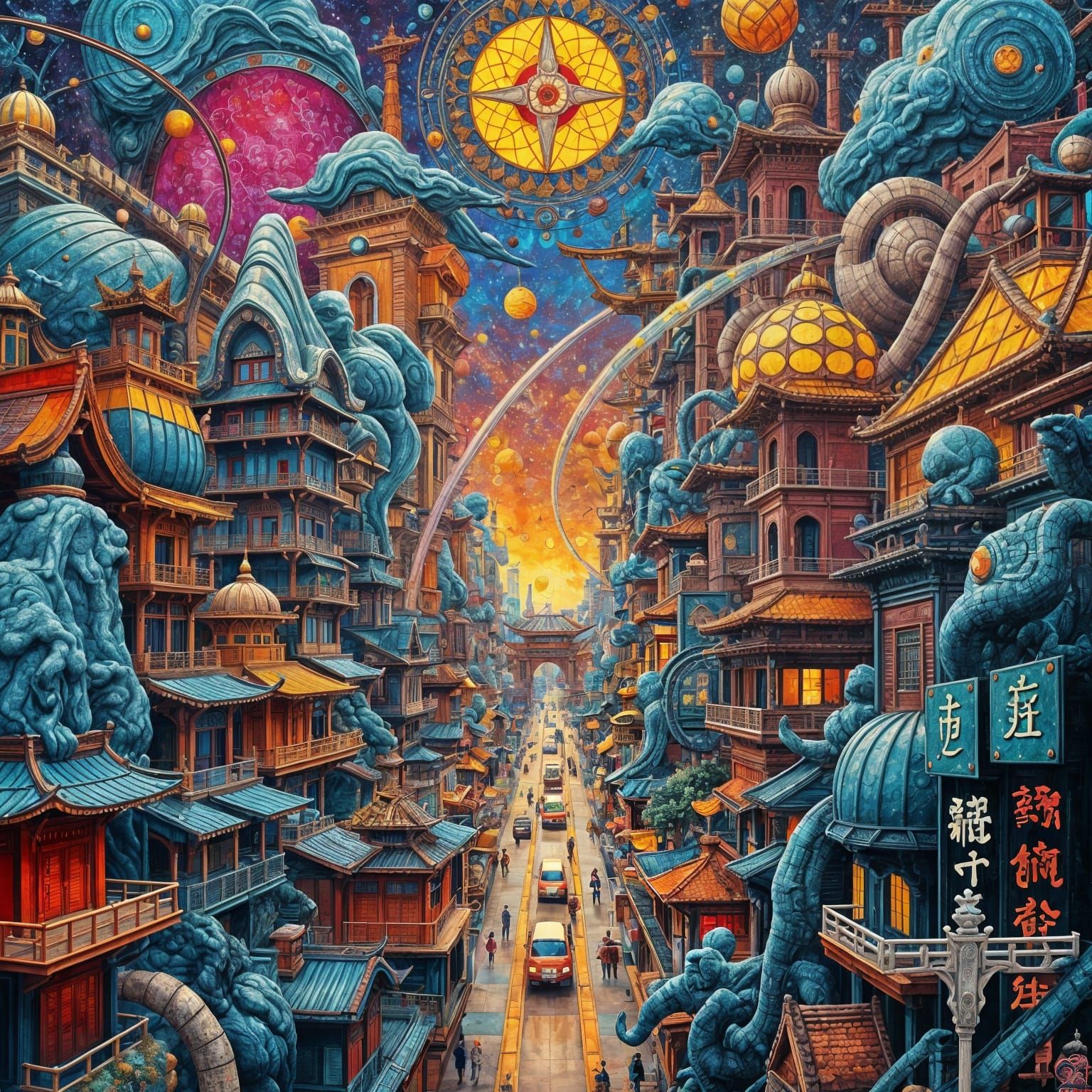 Surreal Oriental Cityscape in Impasto Style