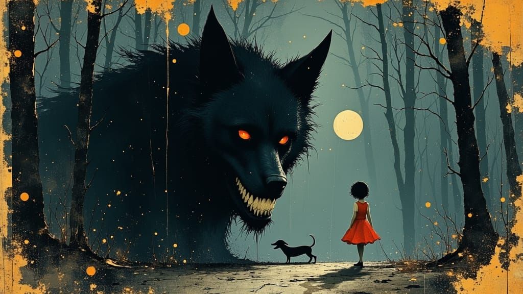 Evil Wolf Confronts Girl and Dachshund in Misty Forest