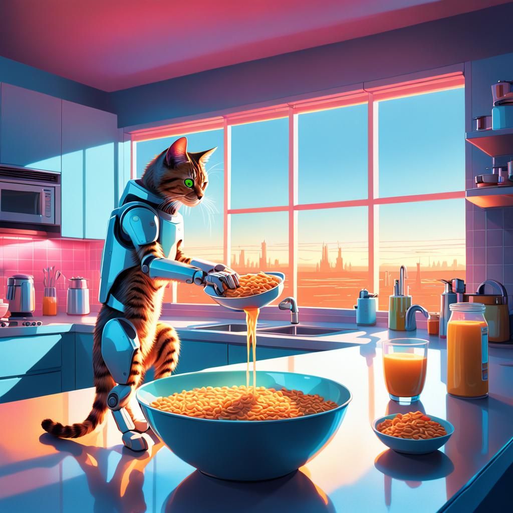 Whimsical Robot Cat in Futuristic Kitchen