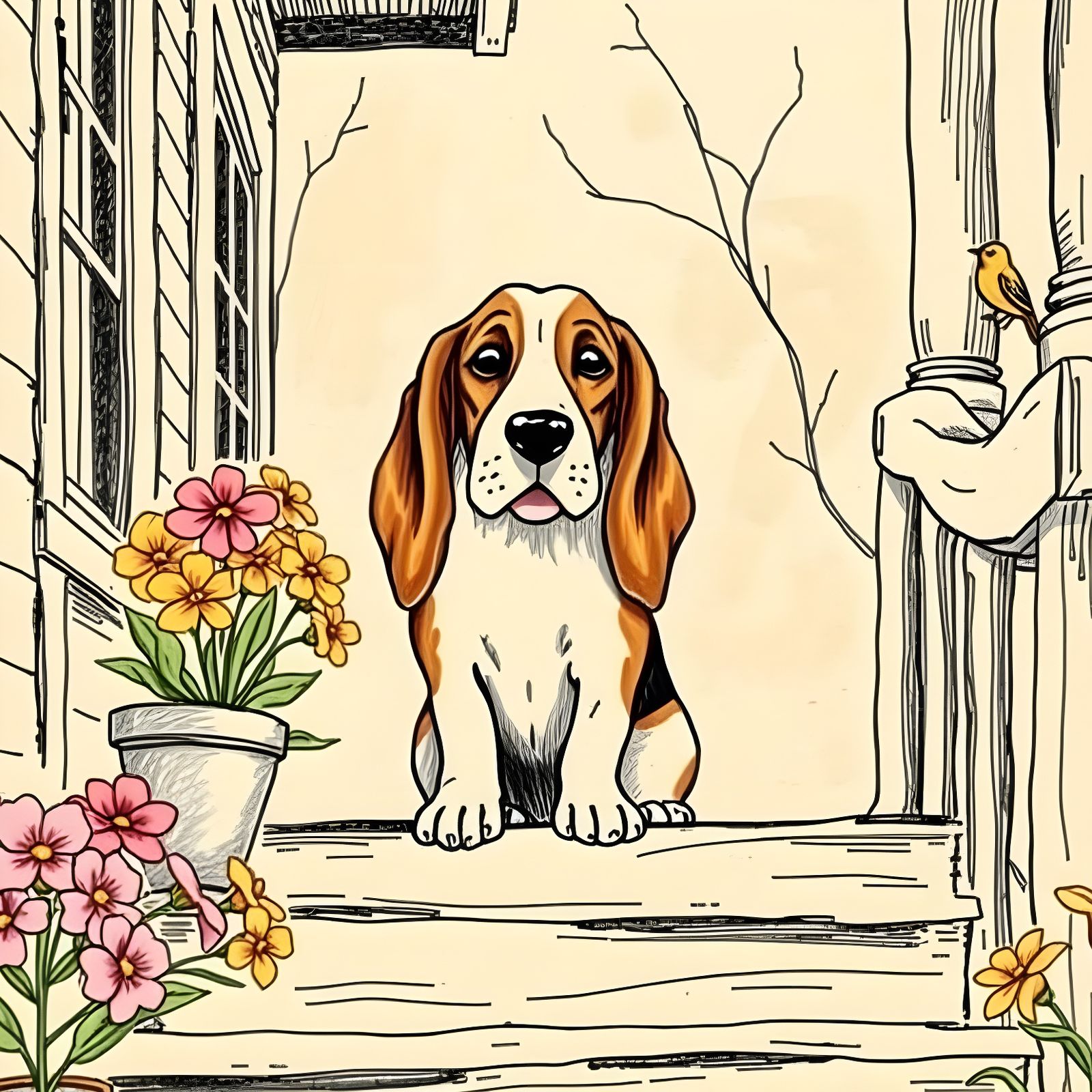 Whimsical Springtime Basset Hound on Porch Stairs
