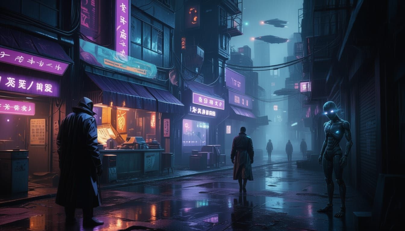 Cyberpunk City Night: Android Watches Figure at Noodle Stand