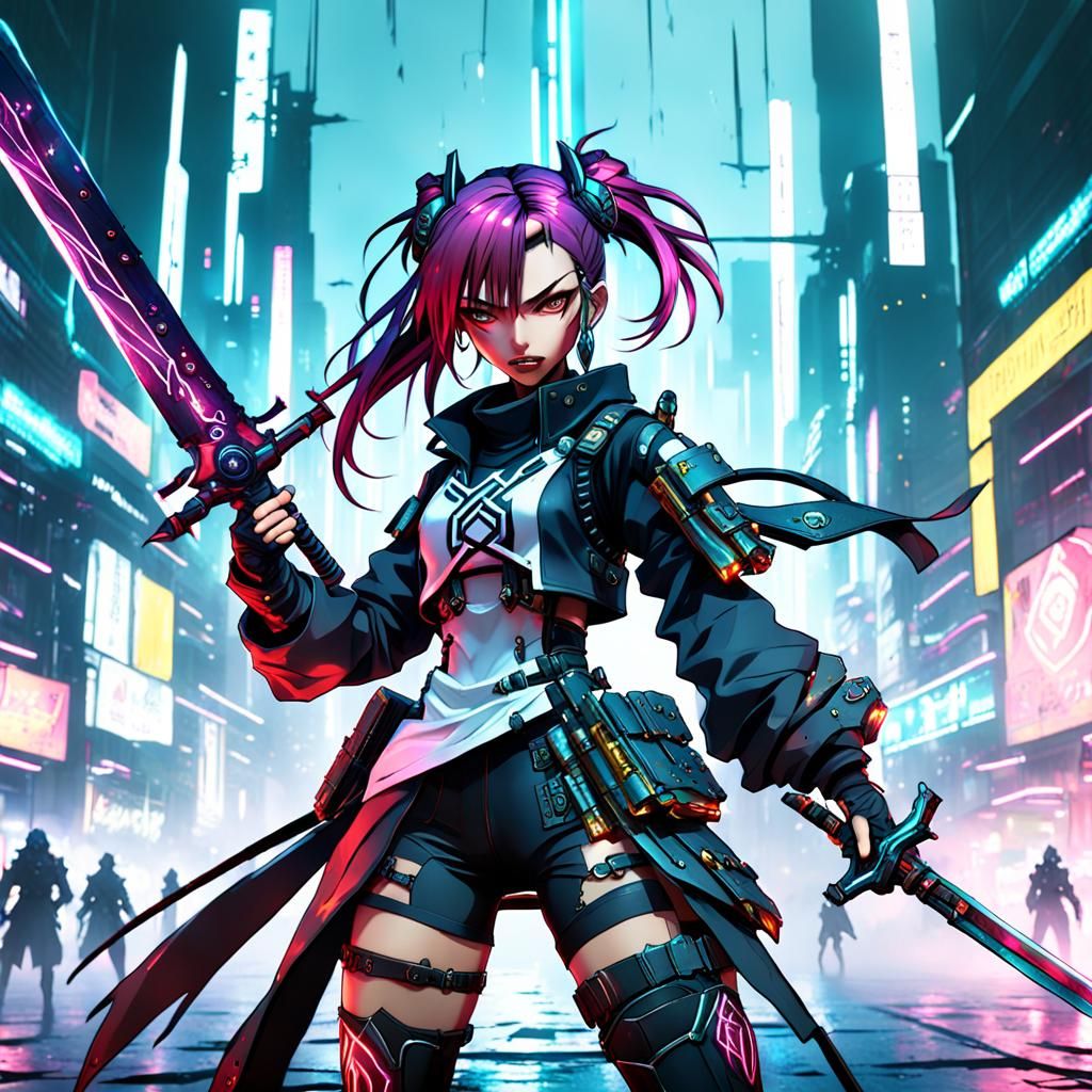 Cyberpunk Anime Sword Girl in Detailed Matte Painting