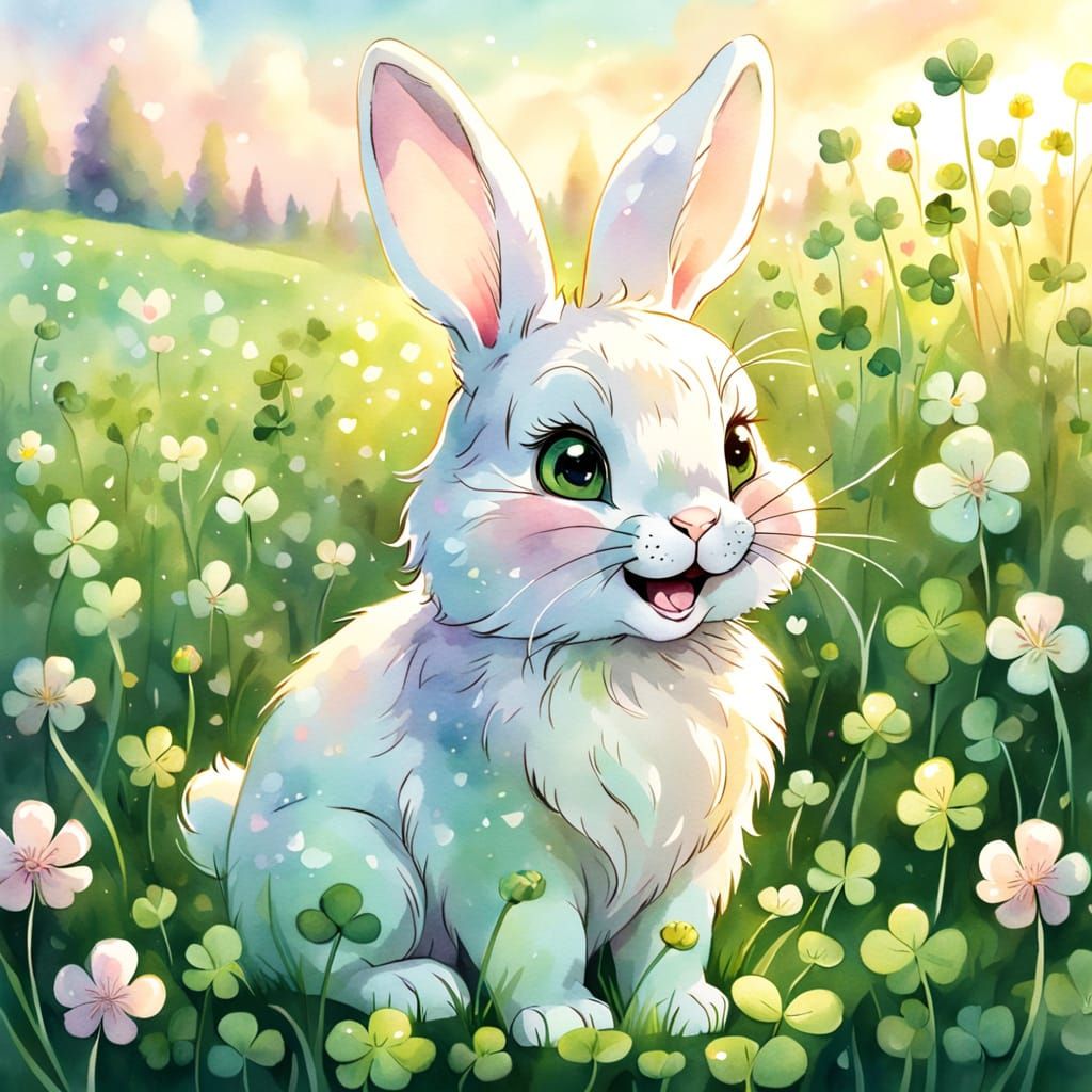 Laughing Bunny in Clover Field: Watercolor Art