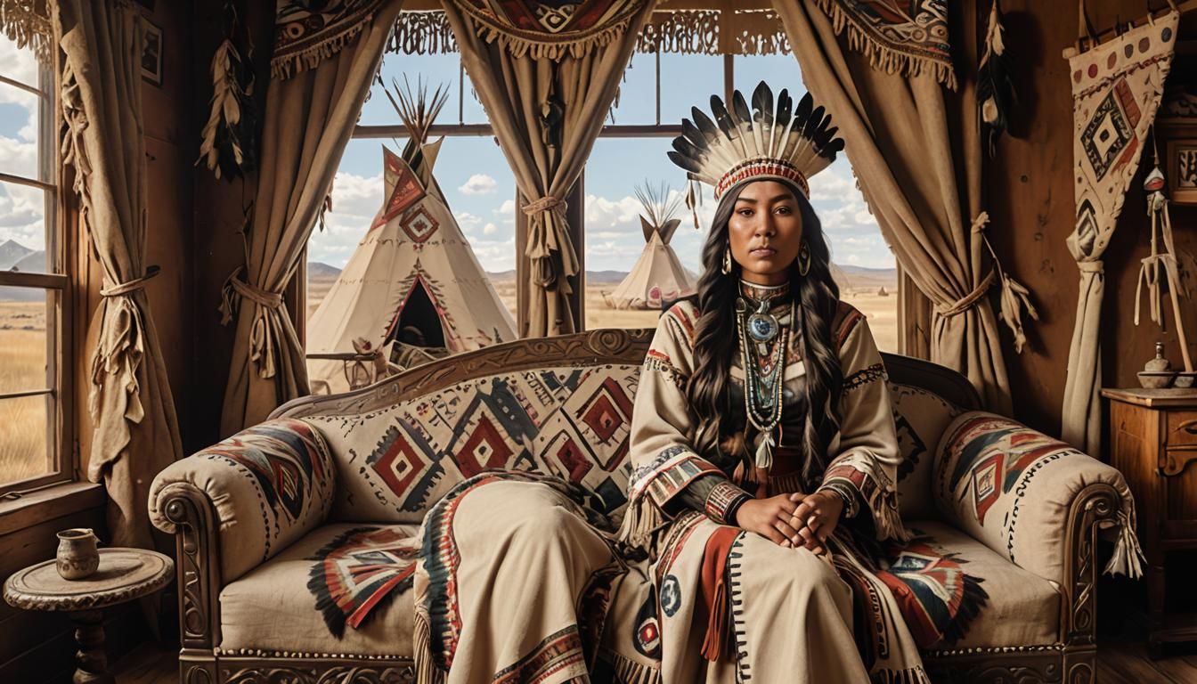 Victorian Portrait of Native American Woman with Tipis