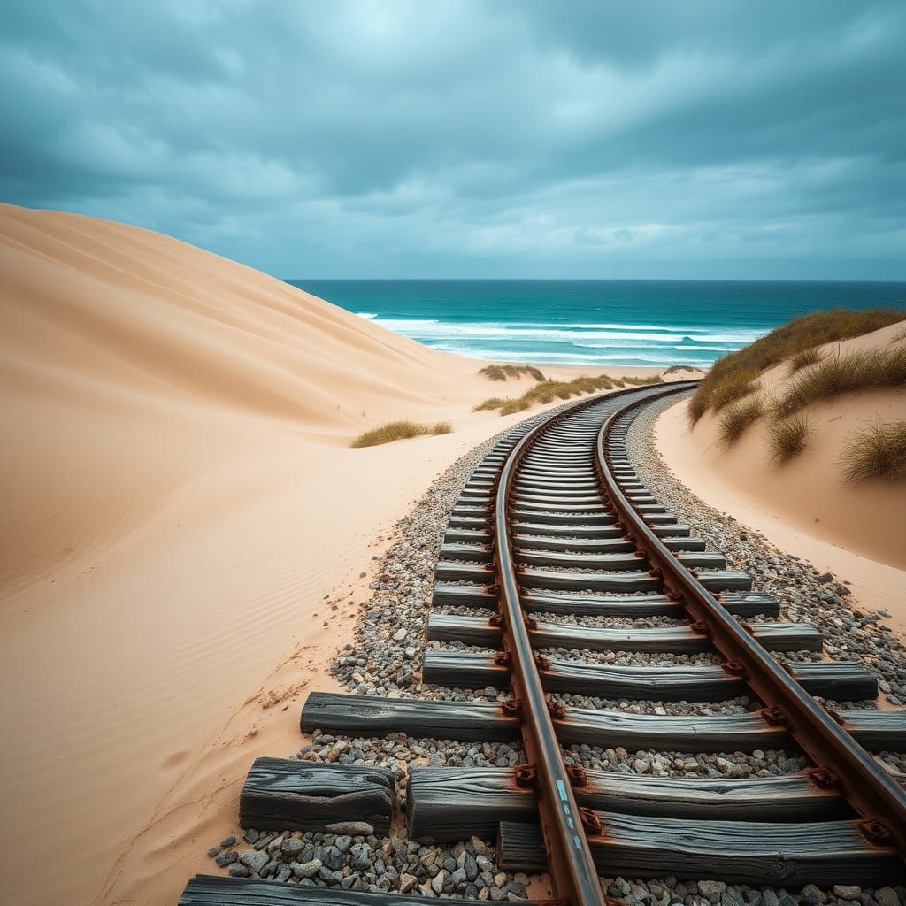 Hyperrealistic Railroad Between Dunes and Sea