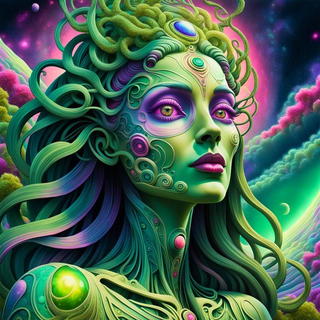 Cosmic Goddess Emerges from Vibrant Psychedelic Universe
