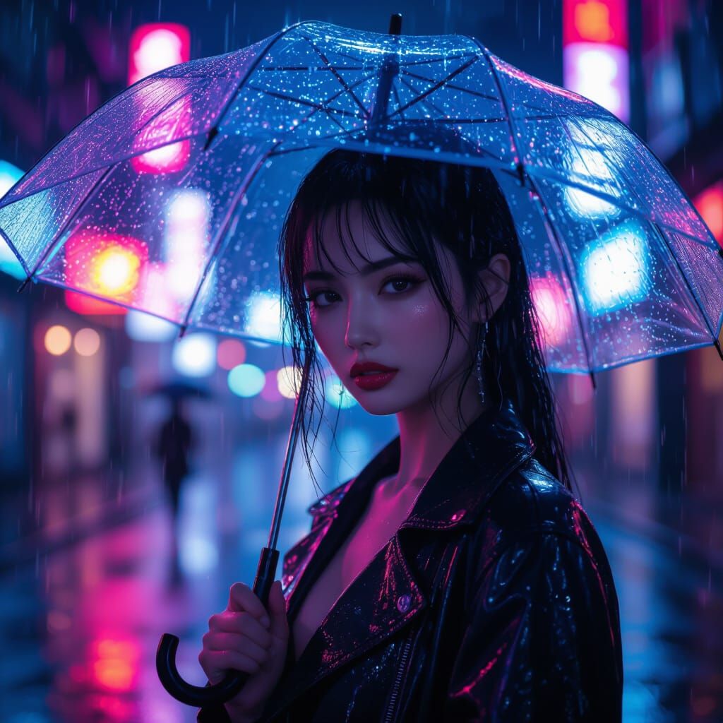 Photorealistic Woman with Manga Features in Rainy Cyberpunk ...