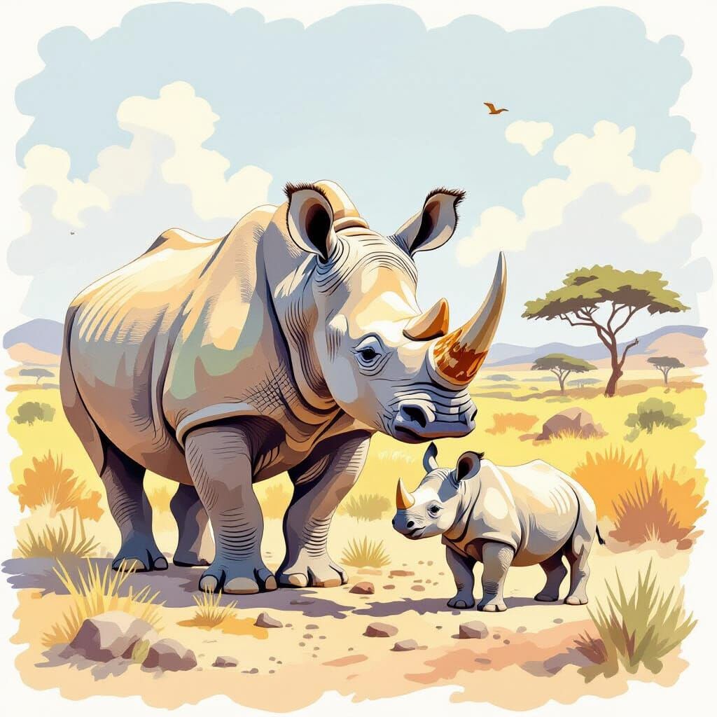 Watercolor Rhinoceros and Baby in Savannah Illustration