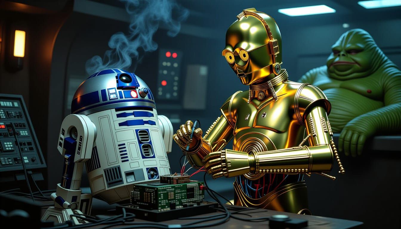 C3PO Repairs R2D2 in Futuristic Industrial Setting