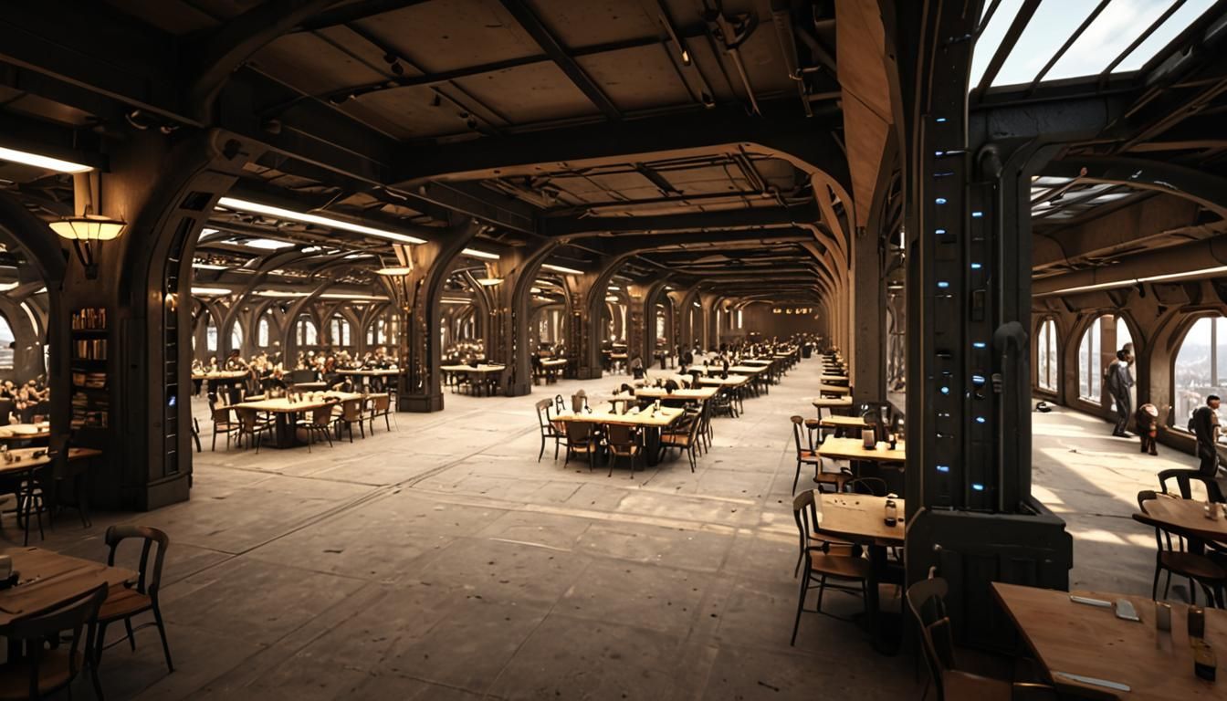 Alien Cyberpunk Restaurant with Akashic Library Arches