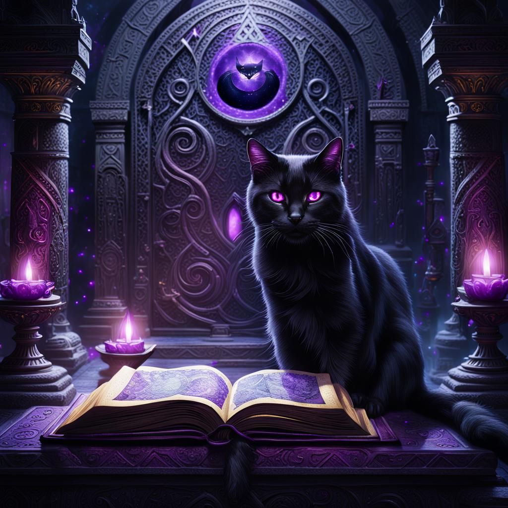 Majestic Black Cat Illuminates Ancient Tome