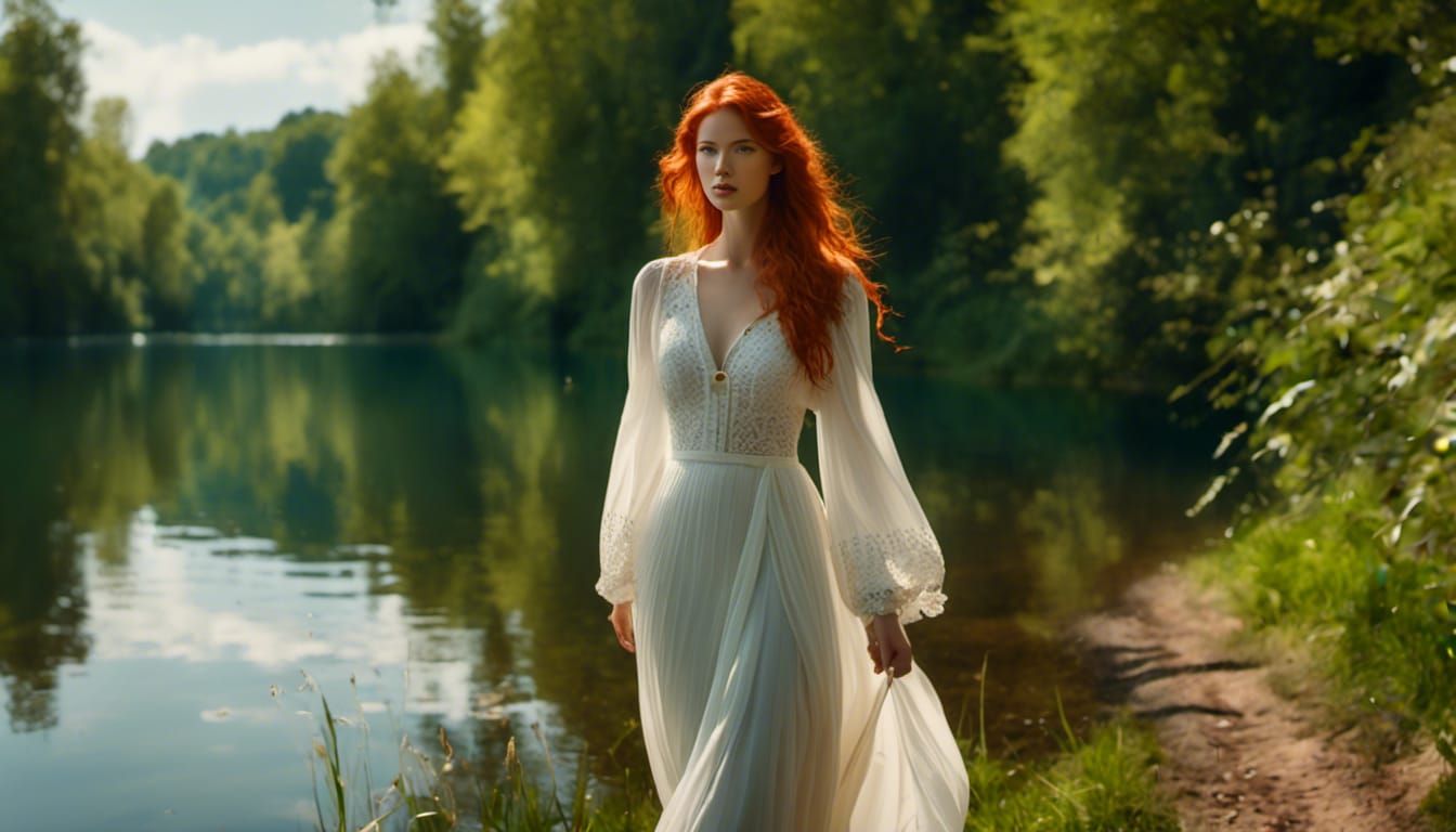 Redhead Girl Walking by Lake: Realistic Portrait