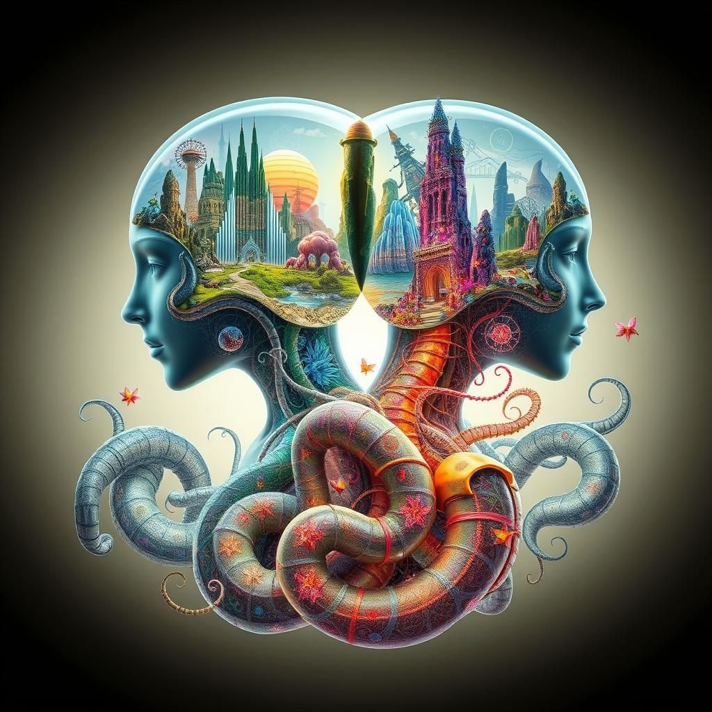 Intertwined Figures Reveal Dreamscape, Surreal Concept Art