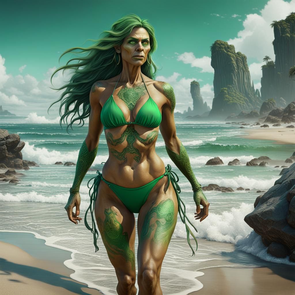 Troll Woman in Green Bikini on Beach