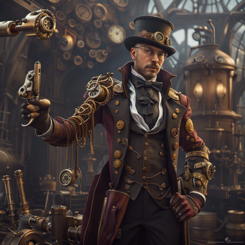 Steampunk Dapper Man in Armor with Blunderbuss