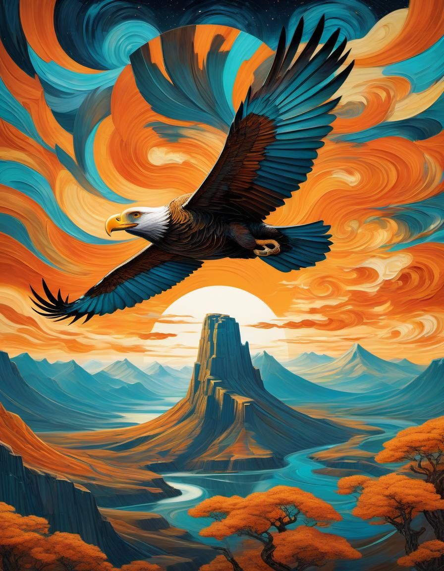 Condor Soaring in a Vibrant Art Deco Landscape