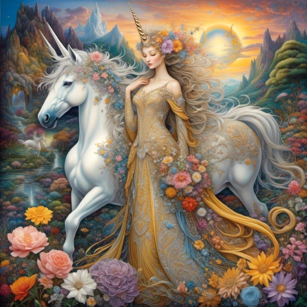 Woman and Unicorn in Floral Fantasy Land