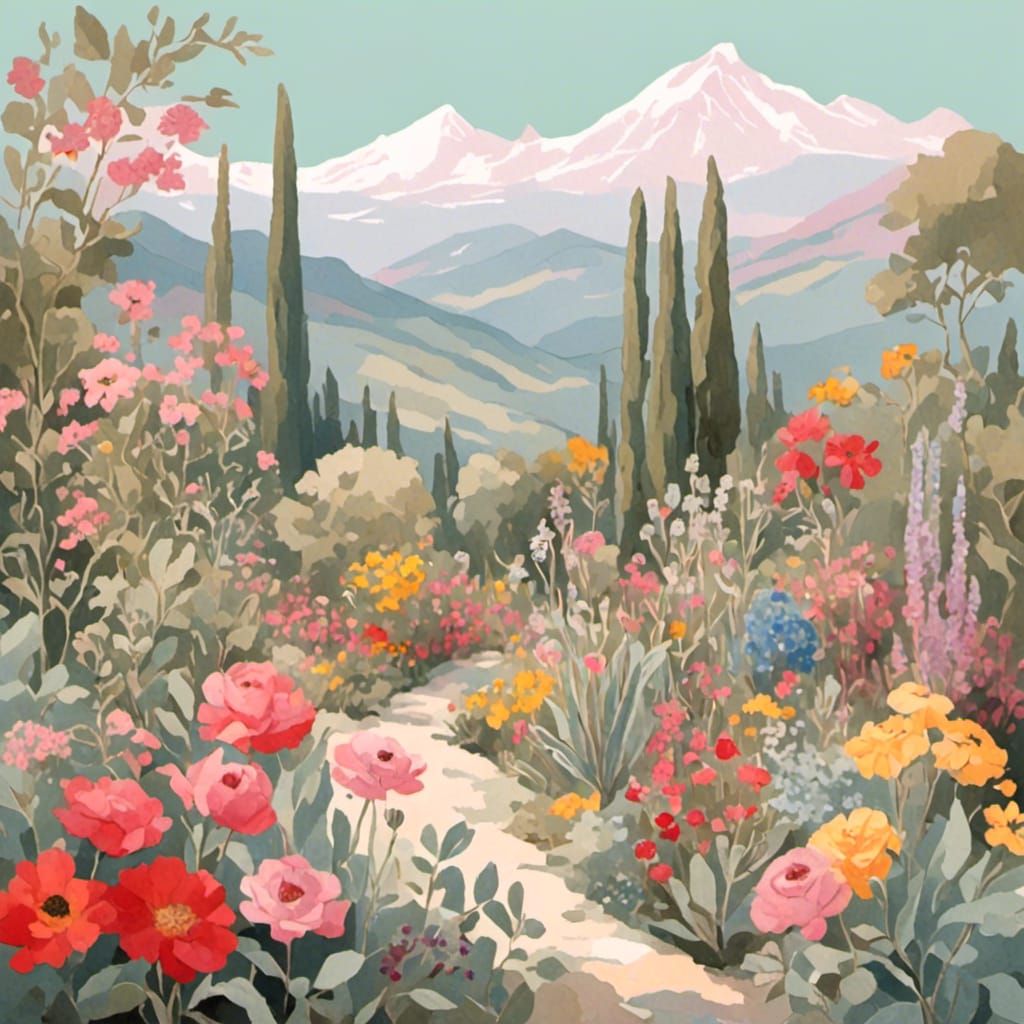 Vibrant Storybook Garden with Mountain Backdrop