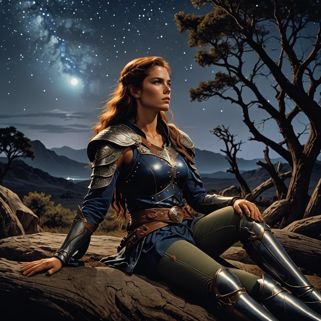 Fantasy Warrior Woman Resting Under Stars