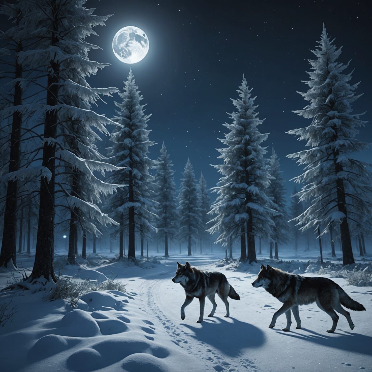 Wolves Running on Frozen Tundra Under Aurora